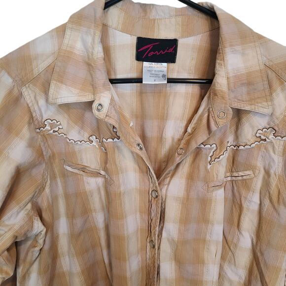 Torrid Top 2X Tan Plaid Western Shirt Pearl Snap Country Cowgirl Embroidered - Picture 2 of 7